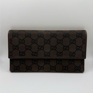 Gucci GG Canvas Tri-Fold Long Wallet Leather Brown Black